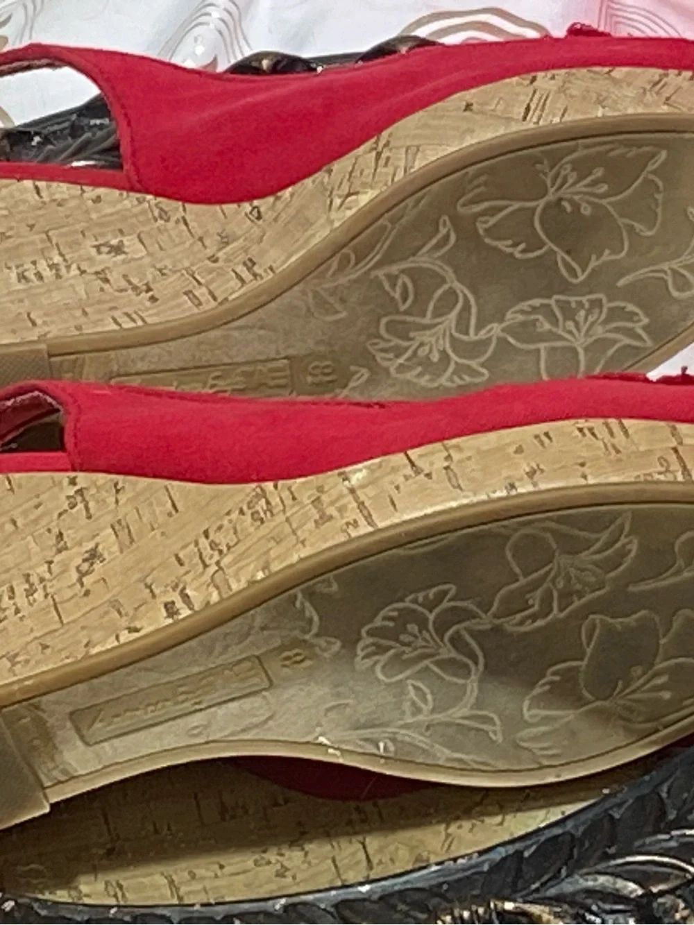 American Eagle Outfitters Red Slingback Wedge Sandals with Floral Accent